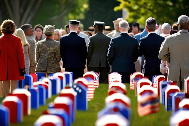 Photo military man in uniform and cap holding american flag in graveyard