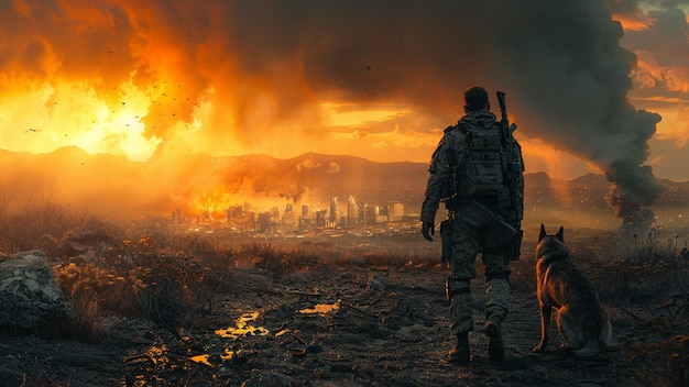 Military man with a dog on the background of a burning city