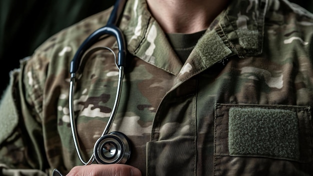 Photo military medic holding stethoscope on light background