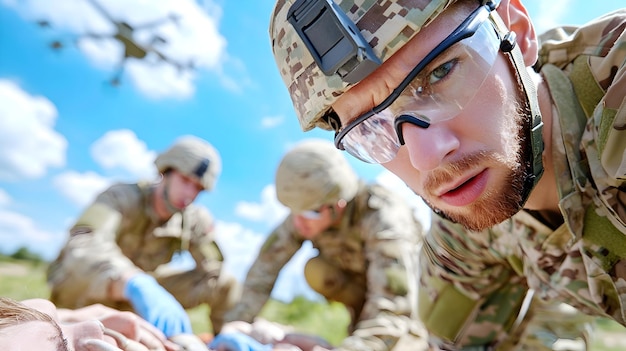 Military Medics Attending to Wounded Soldiers on Battlefield with Care and Courage