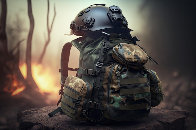 Military military backpack with jacket and helmet on blurry background created with generative ai