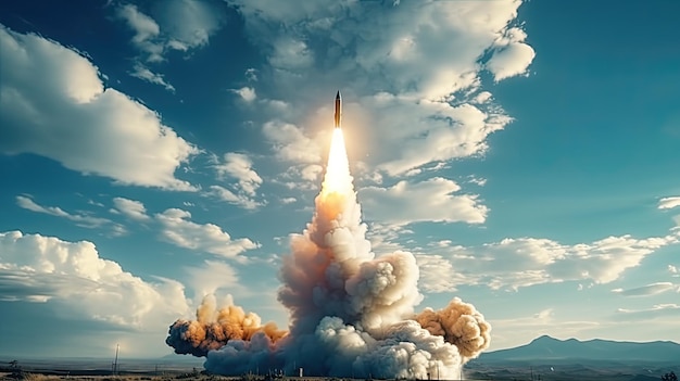 a military missile in flight against the sky warhead or atomic bomb chemical weapons rocket launch