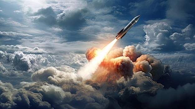 a military missile in flight against the sky warhead or atomic bomb chemical weapons rocket launch