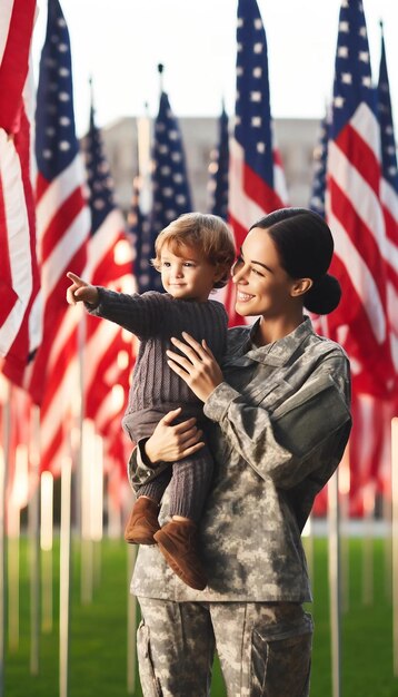 Military Mother and Child Amidst American Flags