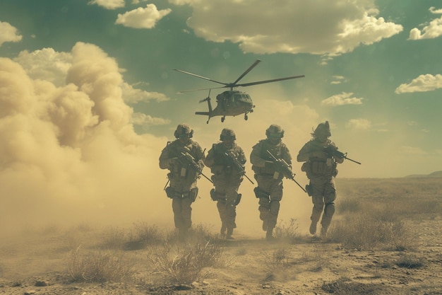 Military Personnel Advancing Through Desert Landscape Underneath Flying Helicopter