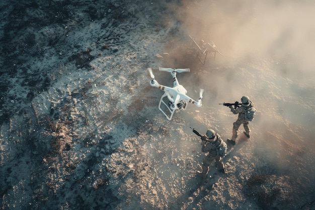 Military personnel in tactical gear operating a drone in a misty rugged terrain showcasing advanced technology in a challenging environment