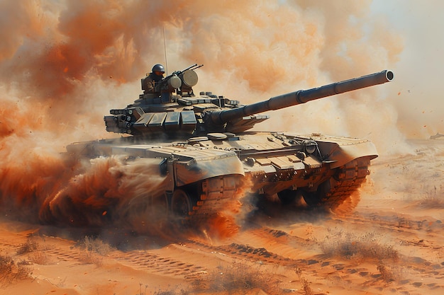 Military Power Display Armored Tank in Action Over Desert Terrain