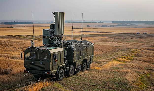 Photo military radar system on vehicle with satellite