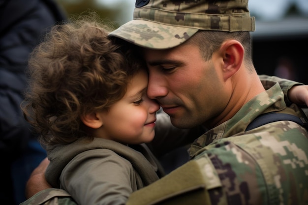 Military reunion father son parent Hero hugging Generate AI