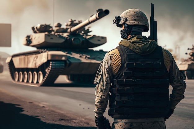 Military soldier on the background of the tank military operations illustration Generative AI