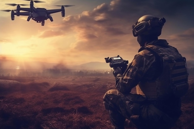 Military soldier controls drone for reconnaissance operation of enemy positions Concept using quadrocopters in smart war