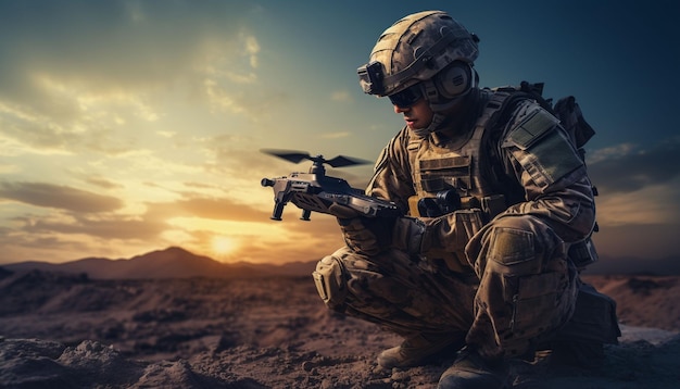 Military soldier controls drone for reconnaissance operation of enemy positions Concept using quadrocopters in smart war