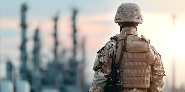 Military Soldier Guards Modern Oil Refinery Securing Strategic Locations Concept Security Operations Industrial Protection Military Deployment Strategic Assets Oil Refinery Guarding