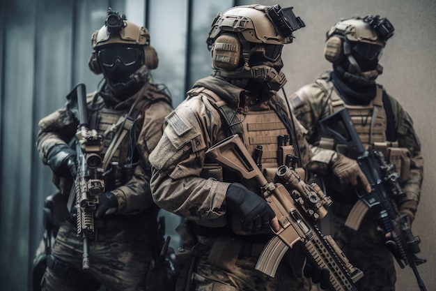 A military special force with futuristic tactical gear and weapons Modern warfare infantry troops with assault rifles and bulletproof vests Futuristic army force with tactical helmets Generative AI