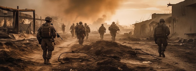 Military special forces soldiers are depicted crossing through a destroyed warzone amid fire and smoke Generative AI