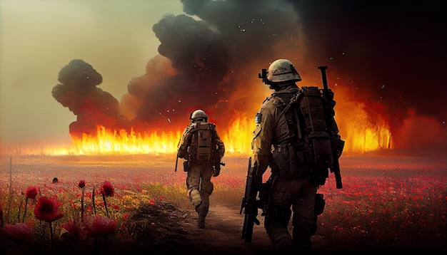 Military special forces soldiers crosses destroyed warzone through fire and smoke in a spring flower field Generate Ai