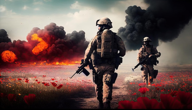 Military special forces soldiers crosses destroyed warzone through fire and smoke in a spring flower field Generate Ai