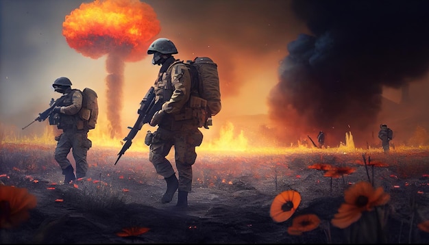 Military special forces soldiers crosses destroyed warzone through fire and smoke in a spring flower field Generate Ai