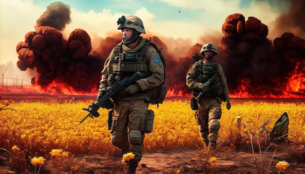 Military special forces soldiers crosses destroyed warzone through fire and smoke in a spring flower field Generate Ai