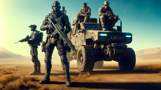 Military Squad with Futuristic Vehicle in Desert Landscape