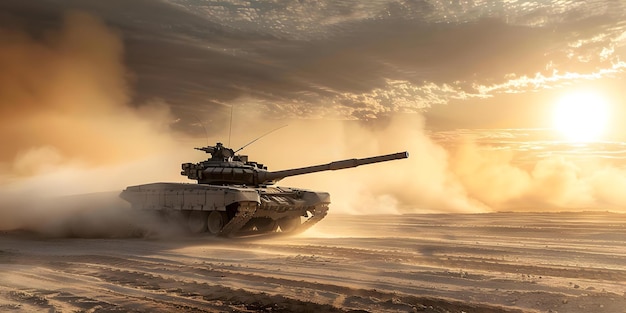 A military tank advancing on a deserted battlefield under sunlight Concept War Military Tank Battlefield Sunlight