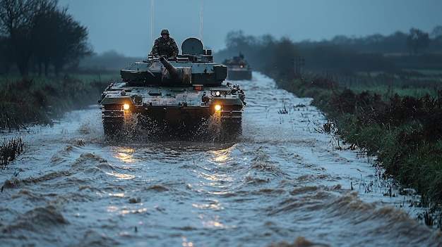 A military tank drives through a flooded field in the evening creating waves as it goes