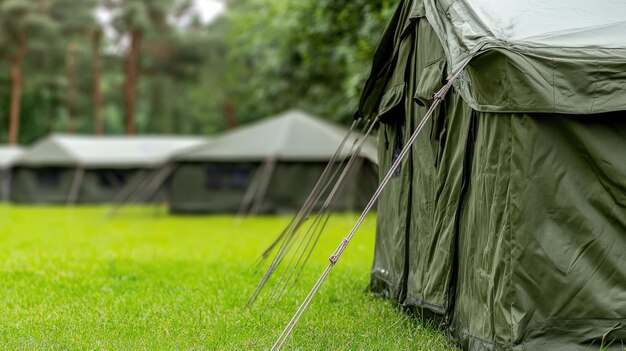 Photo military tents arranged on grassy ground for an outdoor event in a serene woodland setting during summer