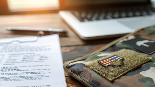 Military uniform with awards next to resume and laptop on desk