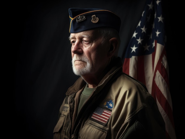 Military USA veteran with flag behind generative ai