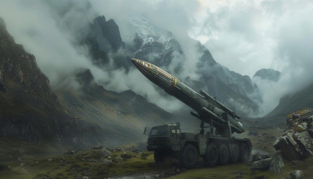 Photo military vehicle transporting missile through rugged mountain terrain under dark clouds