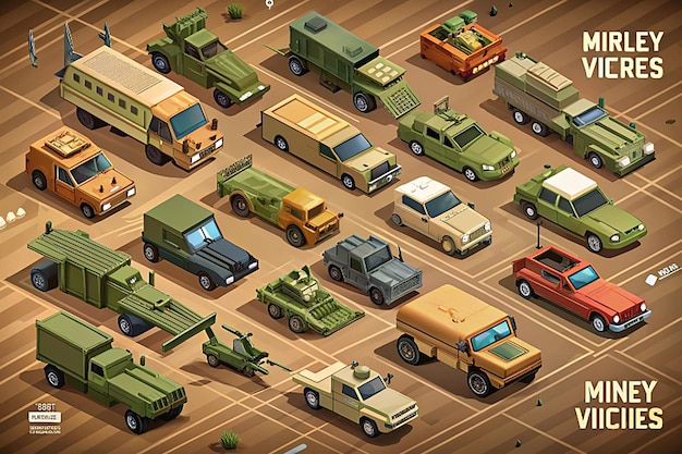 Photo military vehicles isometric cartoon poster