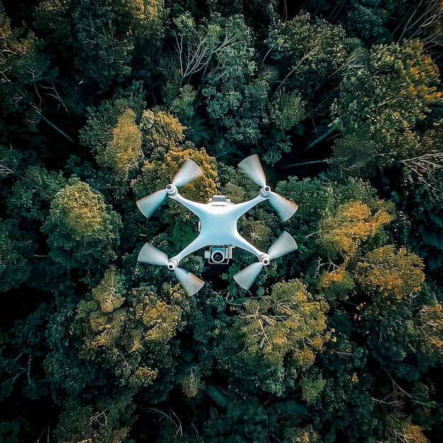 Photo a military white drone flying over the forest