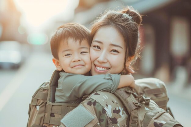 A military woman is holding a young boy in her arms