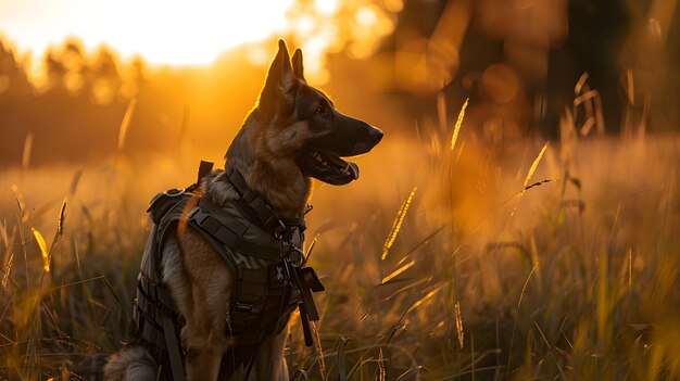 Photo military working dog wearing uniform and bulletproof vest dog guards the border border guard