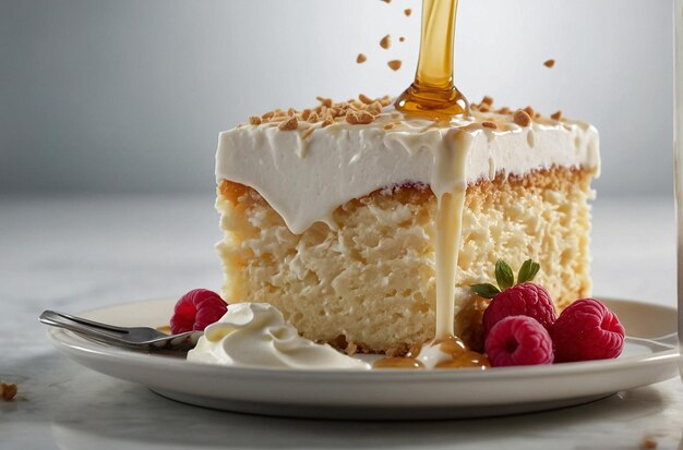 Milk being poured over a slice of tres leches cake