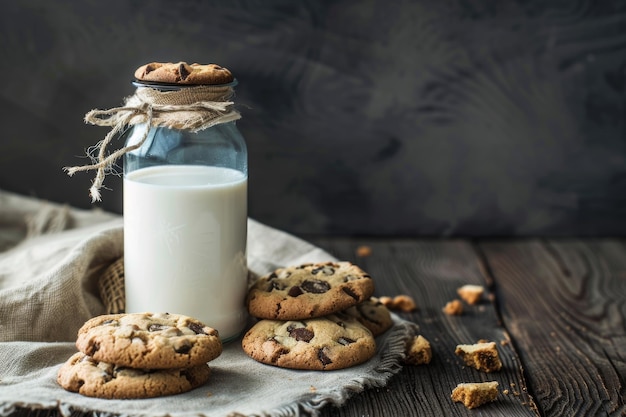 Milk bottle and cookies on white background snack time sweet treat concept for food photography