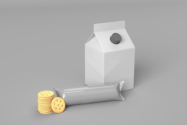 Milk box Pasteurized white with cookie packet ,3d render mockup.