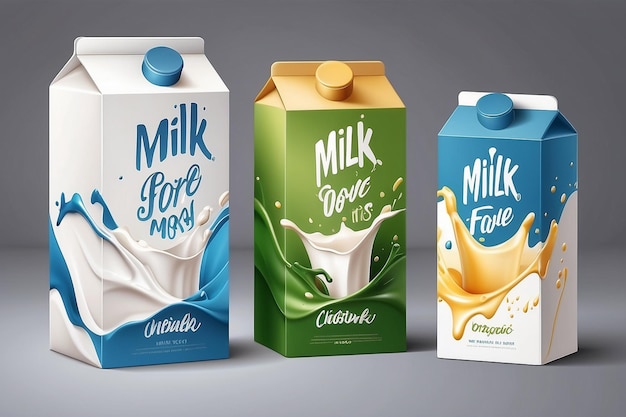 Milk box and splash milk realistic organic white box and colored box package mock up