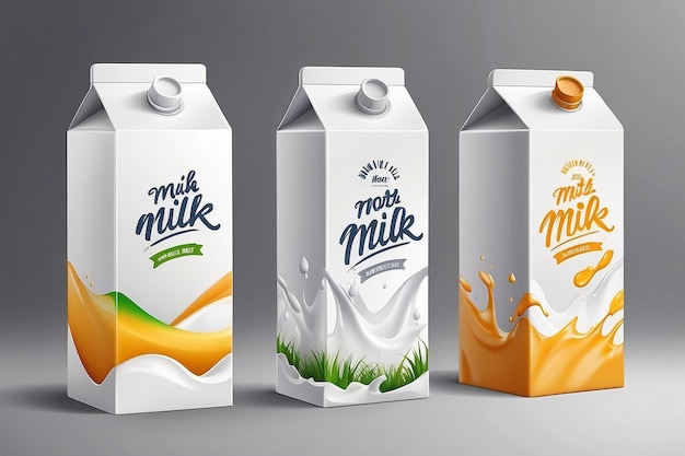 Milk box and splash milk realistic organic white box and colored box package mock up