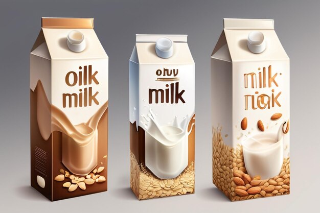 Photo milk boxes set vector realistic collection of regular milk oats soy rice and almond milk