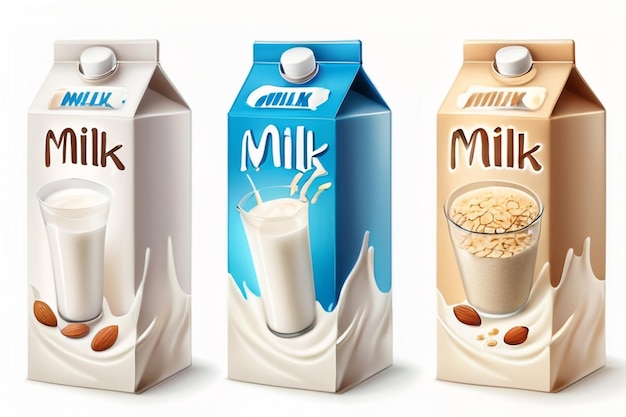 Photo milk boxes set vector realistic collection of regular milk oats soy rice and almond milk