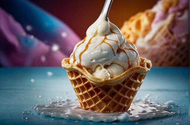 Milk cascading over a scoop of ice cream in a waffle