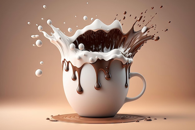 Milk and chocolate in cup with falling of splash and steam Morning drinks with Generative AI