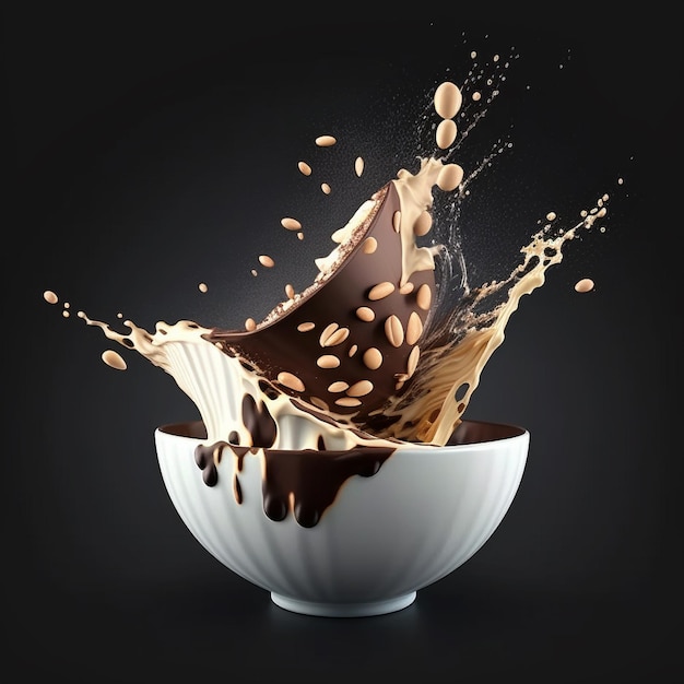 Milk chocolate milkshake coffee cacao splash Hot chocolate with milk swirl pouring and splashing in the bowl