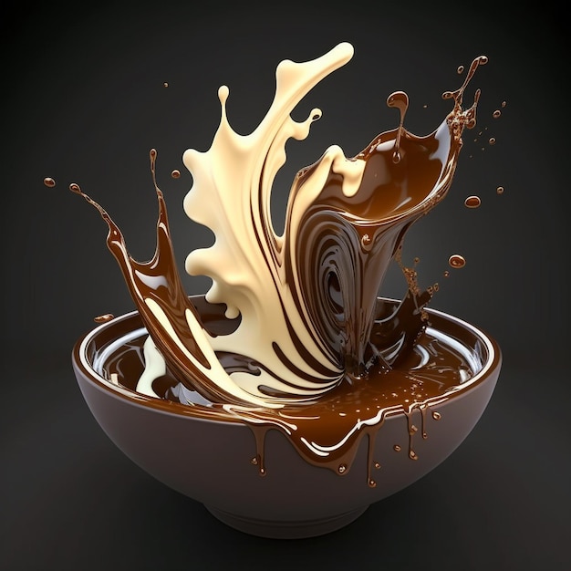 Milk chocolate milkshake coffee cacao splash Hot chocolate with milk swirl pouring and splashing in the bowl