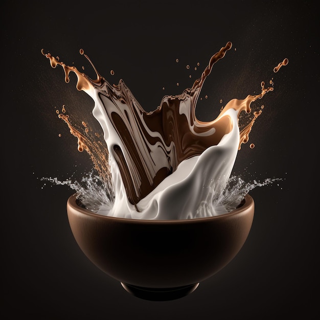 Milk chocolate milkshake coffee cacao splash Hot chocolate with milk swirl pouring and splashing in the bowl