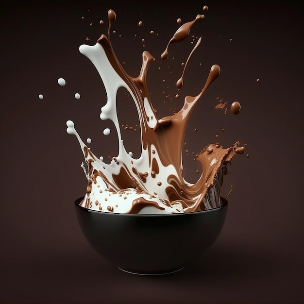 Milk chocolate milkshake coffee cacao splash Hot chocolate with milk swirl pouring and splashing in the bowl