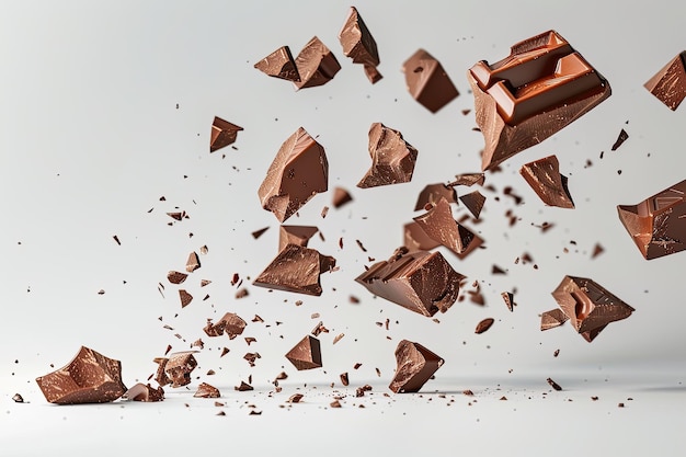 Photo milk chocolate pieces falling on white background