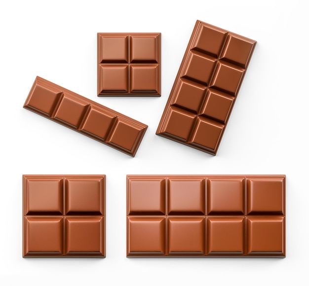 Milk chocolate pieces isolated on white background top view dark Chocolate 3d illustration