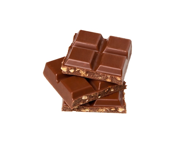 Milk chocolate pieces with nuts isolated on white background.  Chocolate bars lying on top of one another.